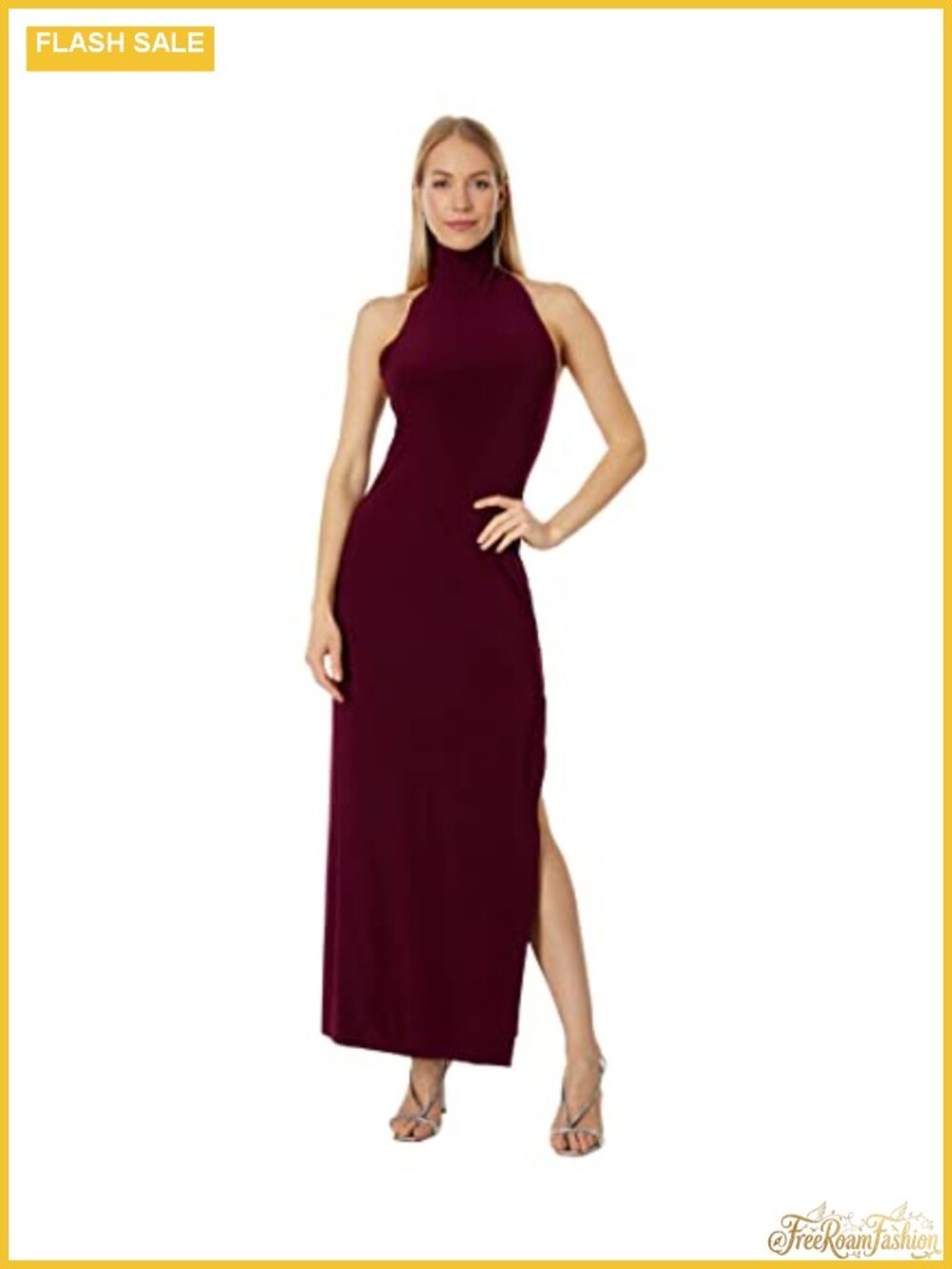 Norma Kamali Halter Turtle Neck Side Slit Gown Sleeveless Maxi Dress
